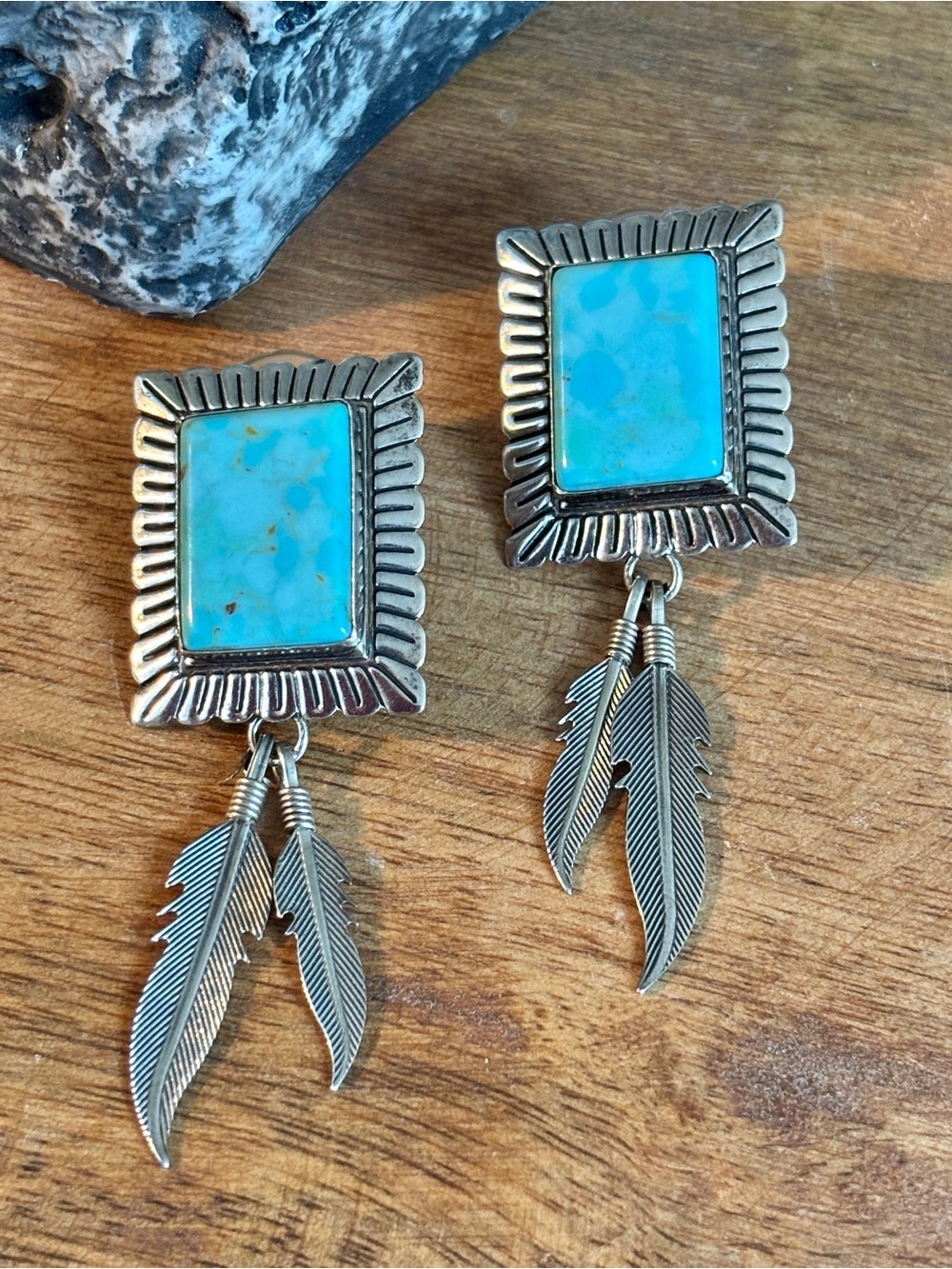 Q.T. Sterling - Bezel Set Turquoise  & Feather Drop Earrings - 925 Sterling